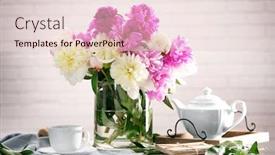  Presentation with peony - Colorful PPT layouts enhanced with composition with beautiful bouquet of peony flowers on white brick wall background backdrop and a lemonade colored foreground