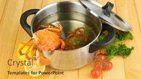  Presentation with crabs - Cool new PPT theme with composition with boiled crabs pan and vegetables on wooden background backdrop and a yellow colored foreground
