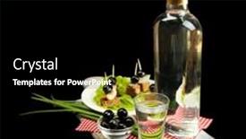  Presentation with vodka - Colorful theme enhanced with composition with bottle of vodka snacks with salted fish green onion and glass on wooden board isolated on black backdrop and a black colored foreground