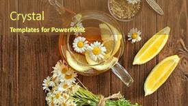  Presentation with chamomile - Slides with composition with chamomile tea in glass teapot on wooden background background and a tawny brown colored foreground