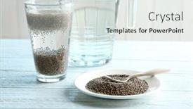  Presentation with seeds - Theme featuring composition with chia seeds and water on wooden table background and a white colored foreground