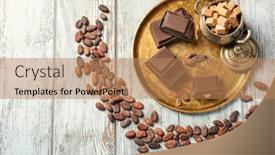  Presentation with cocoa beans - Presentation theme with composition with chocolate sugar and cocoa beans on wooden background background and a coral colored foreground