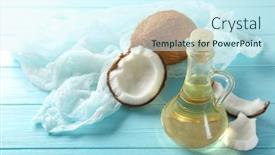  Presentation with coconut oil - PPT theme featuring composition with coconut oil on wooden background background and a cool aqua colored foreground