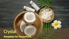  Presentation with virgin coconut oil - Theme having composition with coconuts and oil background and a tawny brown colored foreground