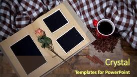  Presentation with album - Cool new theme with composition with coffee cup decorative hearts plaid and photo album on wooden background backdrop and a tawny brown colored foreground