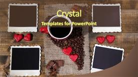  Presentation with hearts - PPT layouts enhanced with composition with coffee cup decorative hearts spices and old blank photos on wooden background background and a tawny brown colored foreground