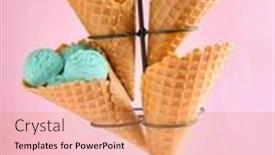  Presentation with ice cream cones - Beautiful PPT theme featuring composition with colorful ice-cream scoops in waffle cones on pink background backdrop and a coral colored foreground