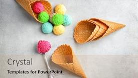  Presentation with ice cream cones - Cool new presentation theme with composition with colorful scoops of ice-cream and waffle cones on light background backdrop and a coral colored foreground