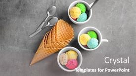  Presentation with ice cream cones - Presentation theme having composition with colorful scoops of ice-cream and waffle cones on grey background background and a gray colored foreground