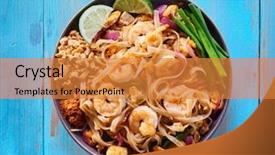  Presentation with pad thai - Beautiful presentation design featuring composition with copy space atop backdrop and a gold colored foreground