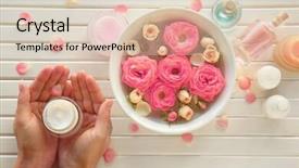  Presentation with cosmetic - Beautiful PPT theme featuring composition with cosmetic cream in female hands and roses on wooden background backdrop and a lemonade colored foreground
