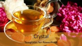  Presentation with peony - Colorful presentation theme enhanced with composition with cup of herbal tea dried apricots and peony flowers on wooden background backdrop and a gold colored foreground