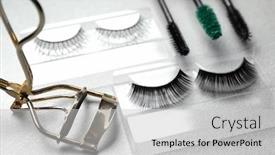  Presentation with eyelashes - PPT layouts with composition with curler and false eyelashes on light background background and a light gray colored foreground