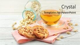  Presentation with peanut - Slide deck featuring composition with delicious peanut cookies nuts and tea on white wooden table background and a lemonade colored foreground