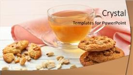  Presentation with peanut - Slides having composition with delicious peanut cookies nuts and tea on white wooden table background and a coral colored foreground