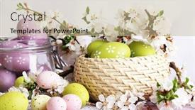  Presentation with easter basket - Slide set consisting of composition with easter eggs in glass jar and wicker basket and blooming branches on light background background and a mint green colored foreground