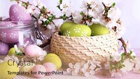  Presentation with easter basket - Slide deck having composition with easter eggs in glass jar and wicker basket and blooming branches on light background background and a coral colored foreground
