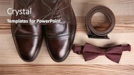  Presentation with men shoes - Slide deck enhanced with composition with elegant leather men's shoes on wooden background background and a tawny brown colored foreground