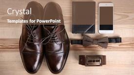  Presentation with men shoes - Audience pleasing PPT theme consisting of composition with elegant leather men's shoes on wooden background backdrop and a coral colored foreground