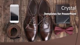  Presentation with men shoes - Cool new slide deck with composition with elegant leather men' backdrop and a tawny brown colored foreground