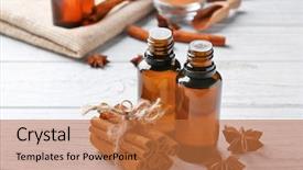  Presentation with essential oil - Colorful PPT layouts enhanced with composition with essential cinnamon oil backdrop and a  colored foreground