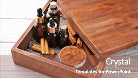  Presentation with essential oil - Theme consisting of composition with essential cinnamon oil background and a coral colored foreground
