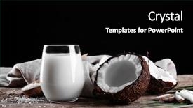  Presentation with milk coconut - Slides with composition with fresh coconut milk on wooden table against dark background background and a black colored foreground