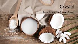  Presentation with milk coconut - Cool new PPT theme with composition with fresh coconut milk on wooden background backdrop and a coral colored foreground