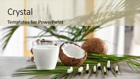  Presentation with milk coconut - Presentation theme enhanced with composition with fresh coconut milk on table against blurred background background and a lemonade colored foreground