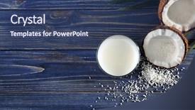  Presentation with milk coconut - Beautiful slides featuring composition with fresh coconut milk on wooden background backdrop and a ocean colored foreground