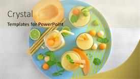  Presentation with glassware - Beautiful theme featuring composition with fresh melon smoothie in glassware on table backdrop and a yellow colored foreground