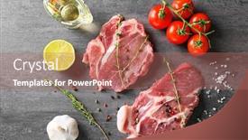  Presentation with steaks - Audience pleasing PPT theme consisting of composition with fresh raw steaks thyme and vegetables on table backdrop and a coral colored foreground