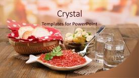  Presentation with vodka - Slide set having composition with glass of vodka and marinated mushrooms cucumbers on wooden background background and a lemonade colored foreground