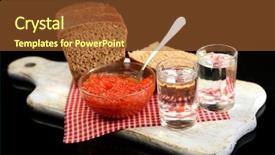  Presentation with vodka - Slide set with composition with glasses of vodka red caviar fresh bread on wooden board isolated on black background and a tawny brown colored foreground