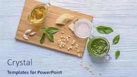  Presentation with sauce - Colorful PPT layouts enhanced with composition with jar of delicious basil pesto sauce on wooden background backdrop and a lemonade colored foreground