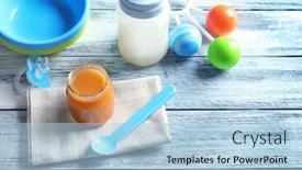  Presentation with baby food jar - Cool new theme with composition with jar of healthy baby food on wooden table backdrop and a light blue colored foreground