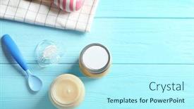  Presentation with baby food - PPT theme having composition with jars of healthy baby food on wooden table background and a arctic colored foreground
