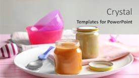  Presentation with baby food - PPT theme enhanced with composition with jars of healthy baby food on wooden table background and a light gray colored foreground