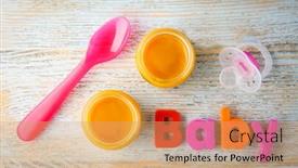  Presentation with baby food - Amazing slide set having composition with jars of tasty baby food and letters on table backdrop and a coral colored foreground