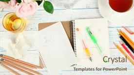  Presentation with notebook - Slide deck having composition with notebook and pencils background and a cream colored foreground