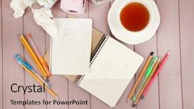  Presentation with dark vintage wood table texture - PPT theme with composition with notebook and pencils background and a coral colored foreground