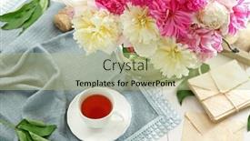  Presentation with peony - PPT layouts having composition with peony flowers and cup of tea on table closeup background and a mint green colored foreground