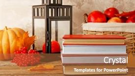  Presentation with pile - Beautiful PPT theme featuring composition with pile of book backdrop and a coral colored foreground