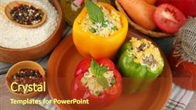  Presentation with herbs on wood - Slides featuring composition with prepared stuffed peppers on plate and fresh herbs spices and vegetables on wooden background background and a tawny brown colored foreground