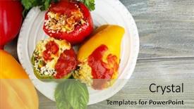  Presentation with peppers - Slides consisting of composition with prepared stuffed peppers on plate and fresh herbs spices and vegetables on wooden background background and a mint green colored foreground