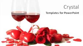  Presentation with light roses - Slide set consisting of composition with red wine in glasses red roses ribbon and decorative hearts on light background background and a white colored foreground