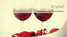  Presentation with wine - Theme enhanced with composition with red wine in glasses red rose ribbon and decorative hearts on beige background background and a cream colored foreground