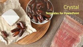  Presentation with bacon - Colorful slide deck enhanced with composition with ripe dates goat cheese and raw bacon strips on wooden background backdrop and a tawny brown colored foreground