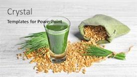  Presentation with healthy juice - Theme featuring composition with shot of healthy wheat grass juice on white wooden table background and a light gray colored foreground