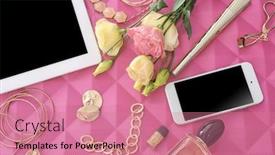 Presentation with blogger - Cool new slides with composition with smartphone tablet and accessories on color background beauty blogger concept backdrop and a coral colored foreground